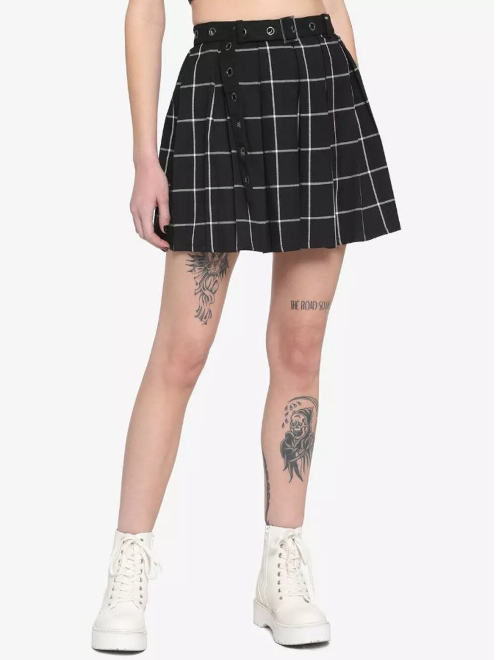Hot Topic Pleated A-Line Mini Skirt With Grommet Belt Plaid Black White Womens L